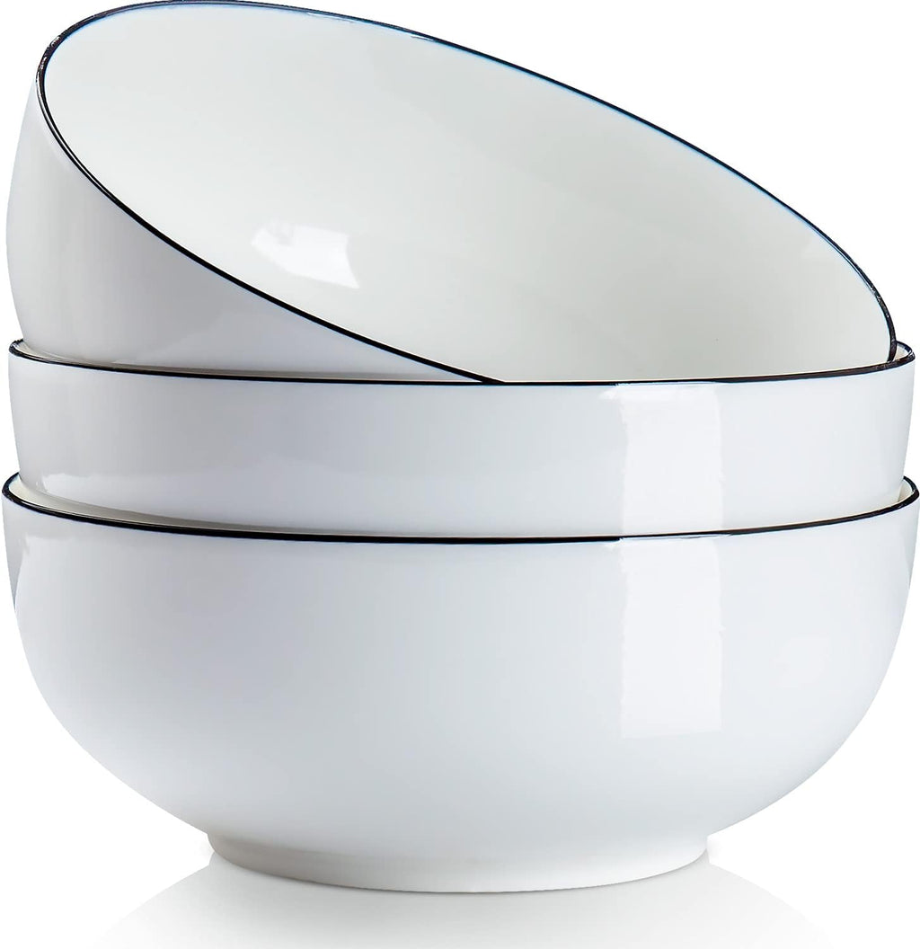 YateBowl Large Porcelain Bowls Set of 3, 60 oz, 8 Inch Serving Bowls for Soup, Ramen, Salad, Microwave & Dishwasher Safe, White
