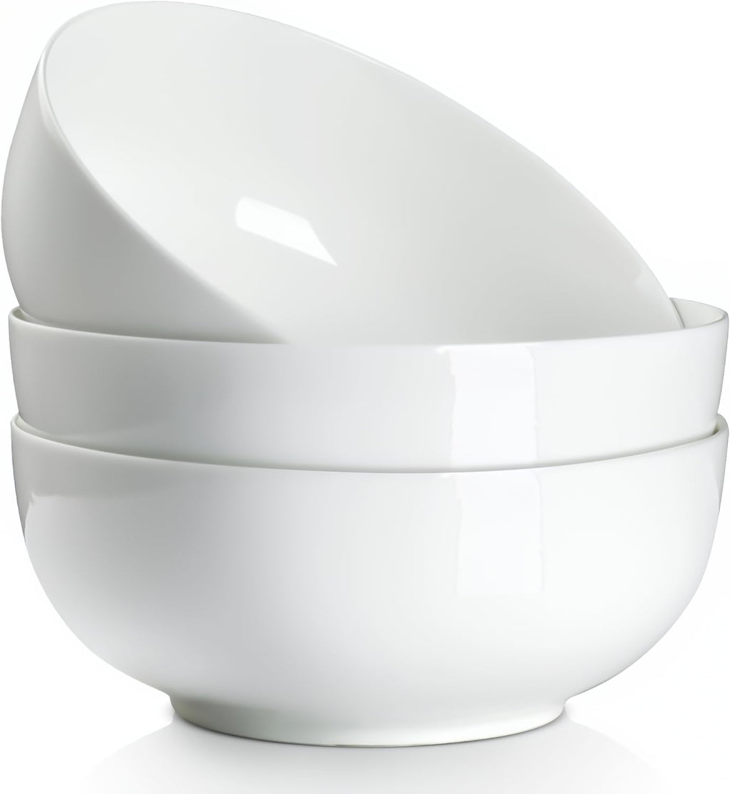 YateBowl Large Porcelain Bowls Set of 3, 60 oz, 8 Inch Serving Bowls for Soup, Ramen, Salad, Microwave & Dishwasher Safe, White