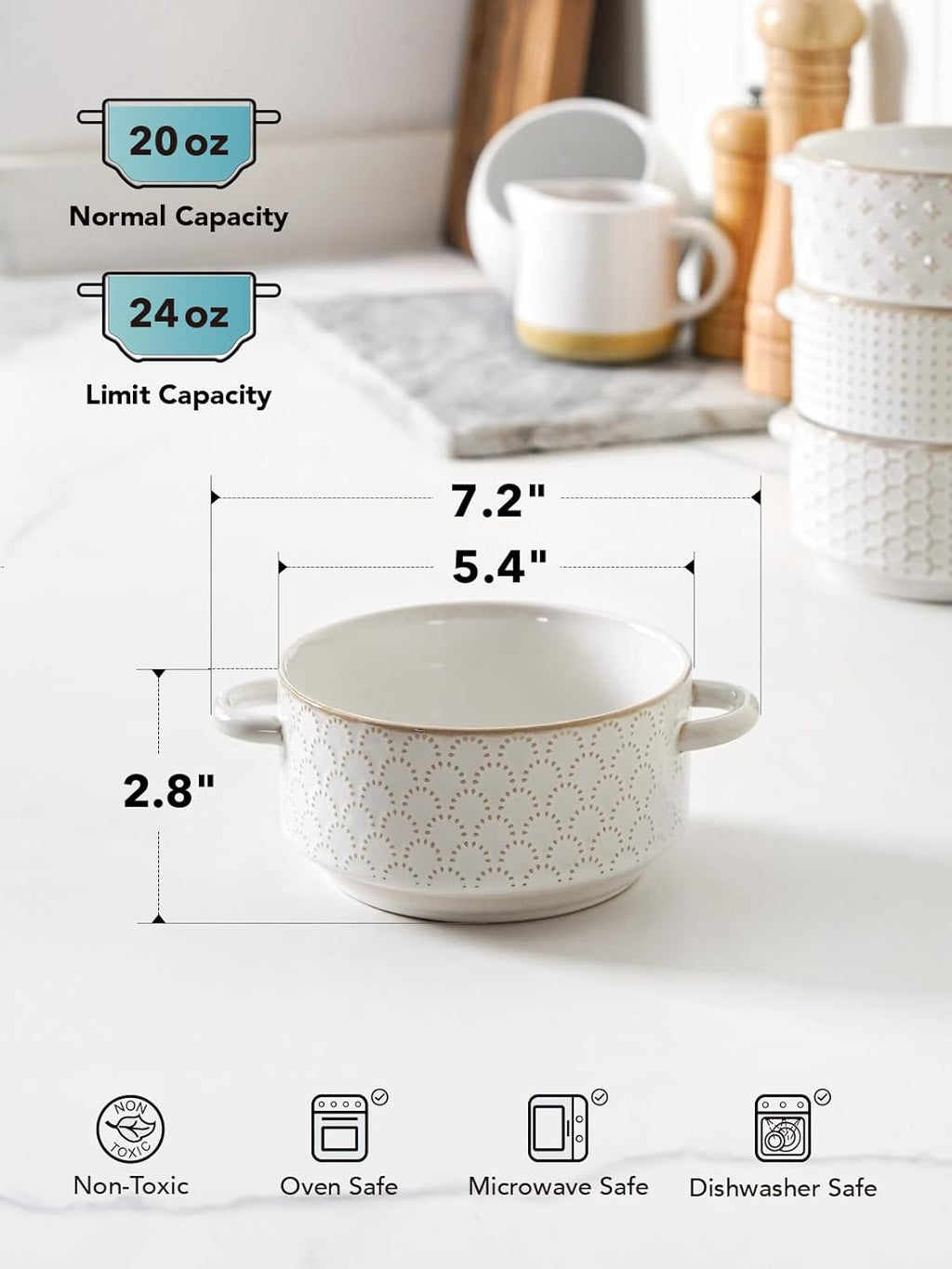 YateBowl Ceramic Soup Bowls with Handles, Set of 4, 20 oz, Oven & Microwave Safe, Stackable French Onion Soup Bowls, White