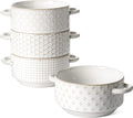 YateBowl Ceramic Soup Bowls with Handles, Set of 4, 20 oz, Oven & Microwave Safe, Stackable French Onion Soup Bowls, White