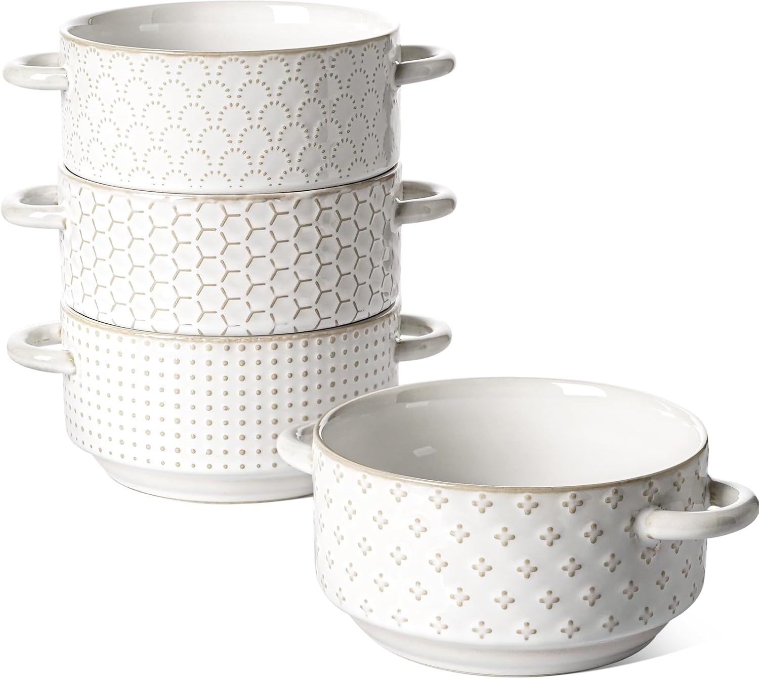 YateBowl Ceramic Soup Bowls with Handles, Set of 4, 20 oz, Oven & Microwave Safe, Stackable French Onion Soup Bowls, White