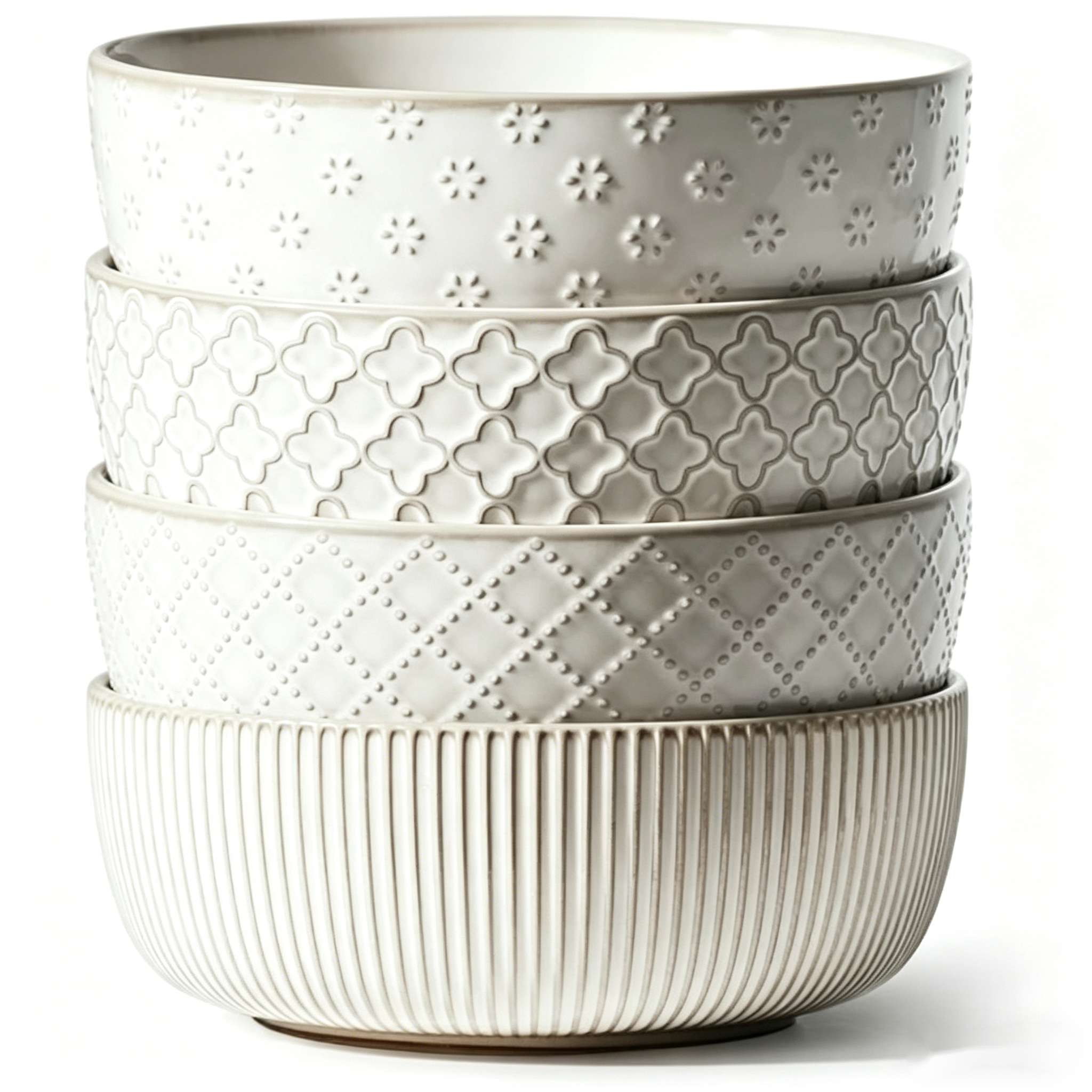 YateBowl Ceramic Bowls Set of 4, 30 oz, 6.1 Inch Embossed Stoneware Bowls for Soup, Cereal & Salad, Microwave & Dishwasher Safe