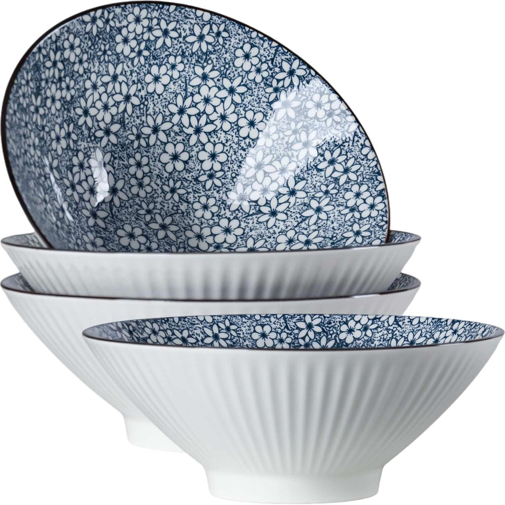 YateBowl Ceramic Ramen Bowls Set of 4, 38 oz, 8 Inch Blue and White Soup Bowls for Pho, Noodles & Salad, Microwave & Dishwasher Safe