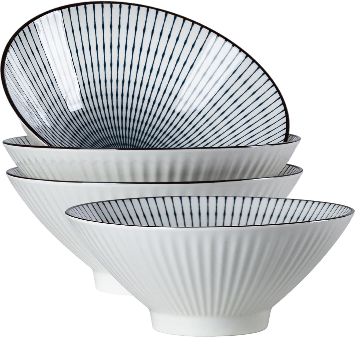 YateBowl Ceramic Ramen Bowls Set of 4, 38 oz, 8 Inch Blue and White Soup Bowls for Pho, Noodles & Salad, Microwave & Dishwasher Safe