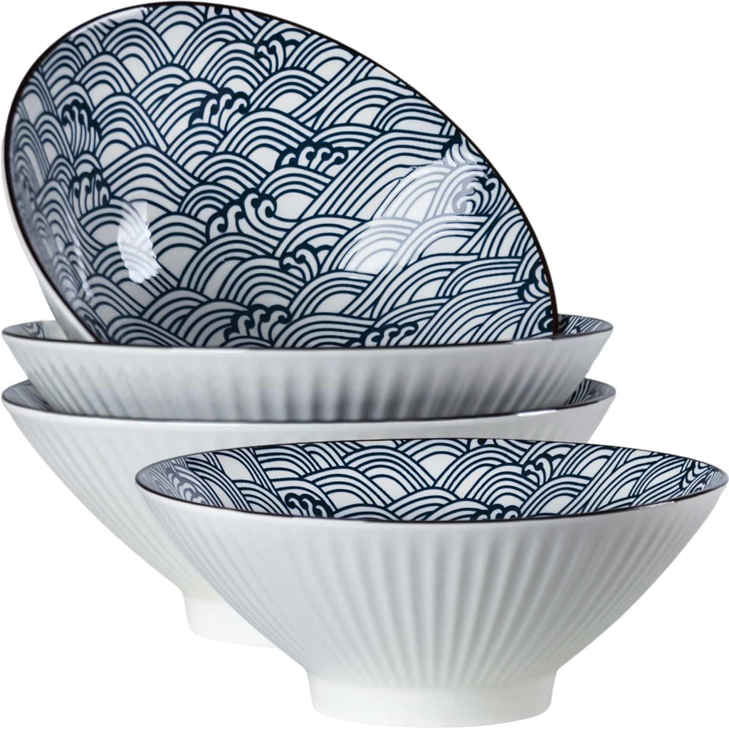 YateBowl Ceramic Ramen Bowls Set of 4, 38 oz, 8 Inch Blue and White Soup Bowls for Pho, Noodles & Salad, Microwave & Dishwasher Safe