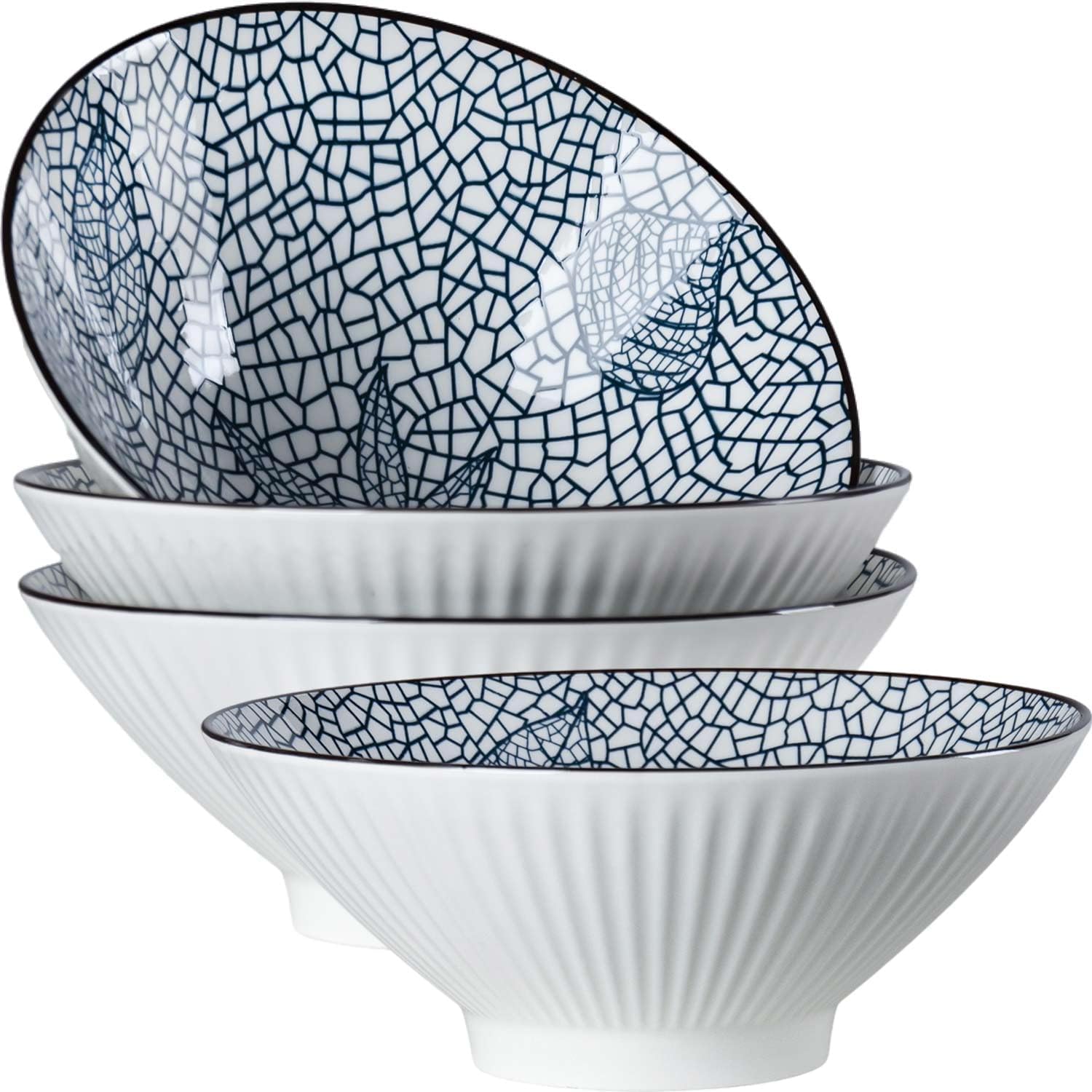 YateBowl Ceramic Ramen Bowls Set of 4, 38 oz, 8 Inch Blue and White Soup Bowls for Pho, Noodles & Salad, Microwave & Dishwasher Safe