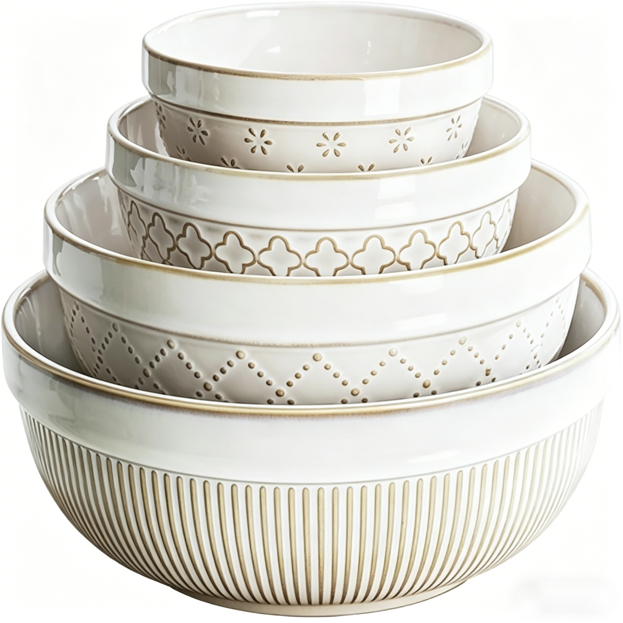 YateBowl Ceramic Bowls Set of 4, 30 oz, 6.1 Inch Embossed Stoneware Bowls for Soup, Cereal & Salad, Microwave & Dishwasher Safe
