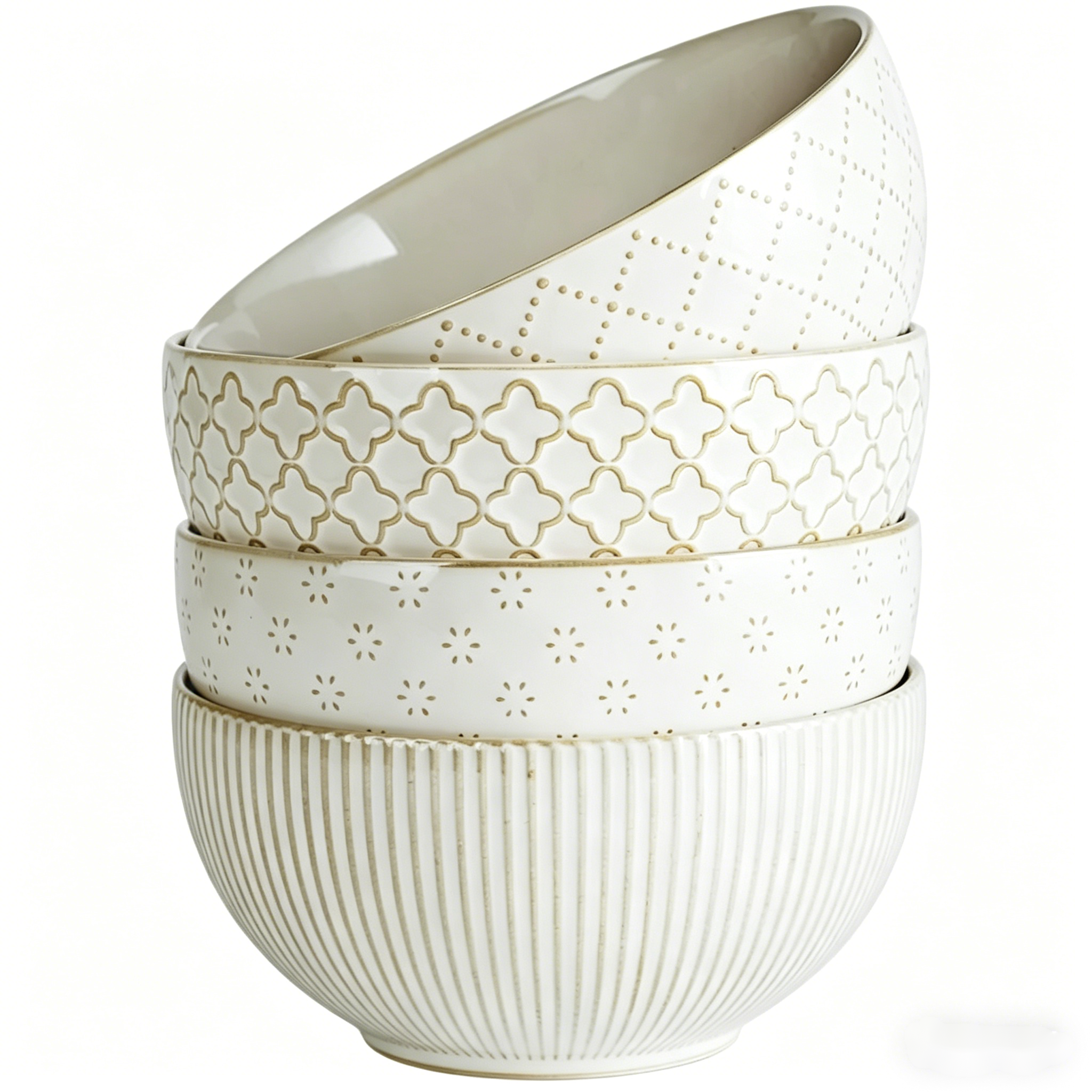 YateBowl Ceramic Bowls Set of 4, 30 oz, 6.1 Inch Embossed Stoneware Bowls for Soup, Cereal & Salad, Microwave & Dishwasher Safe