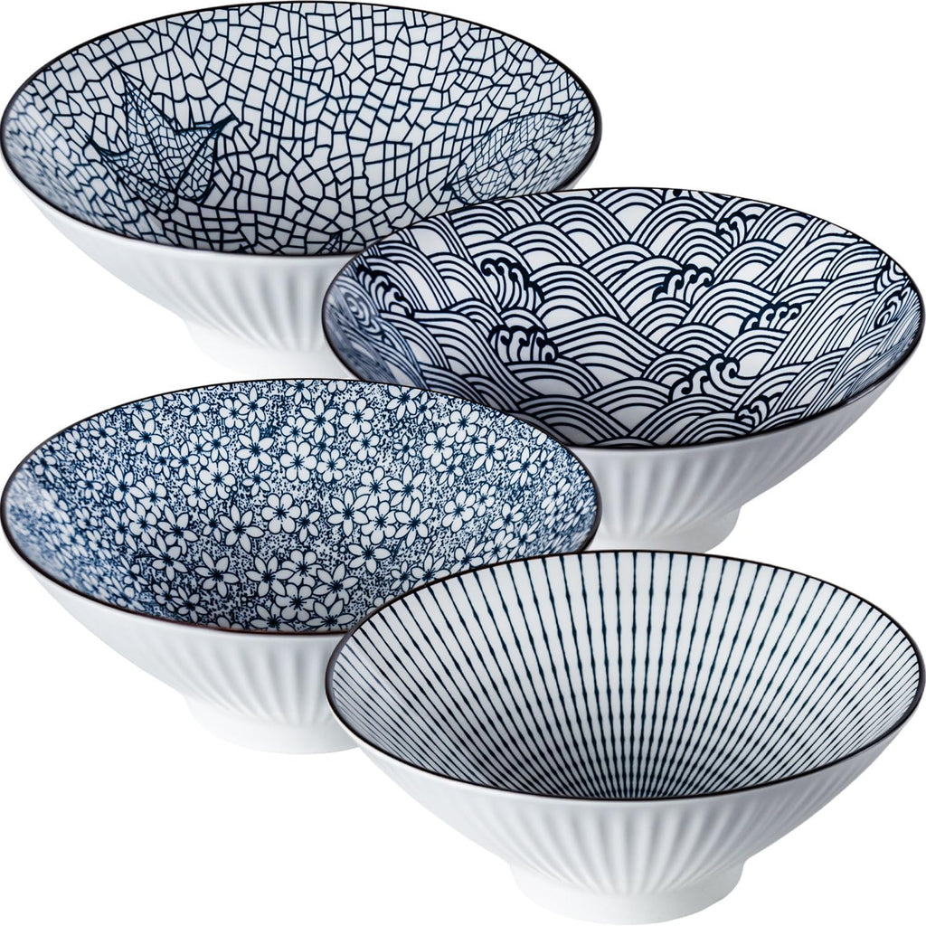 YateBowl Ceramic Ramen Bowls Set of 4, 38 oz, 8 Inch Blue and White Soup Bowls for Pho, Noodles & Salad, Microwave & Dishwasher Safe