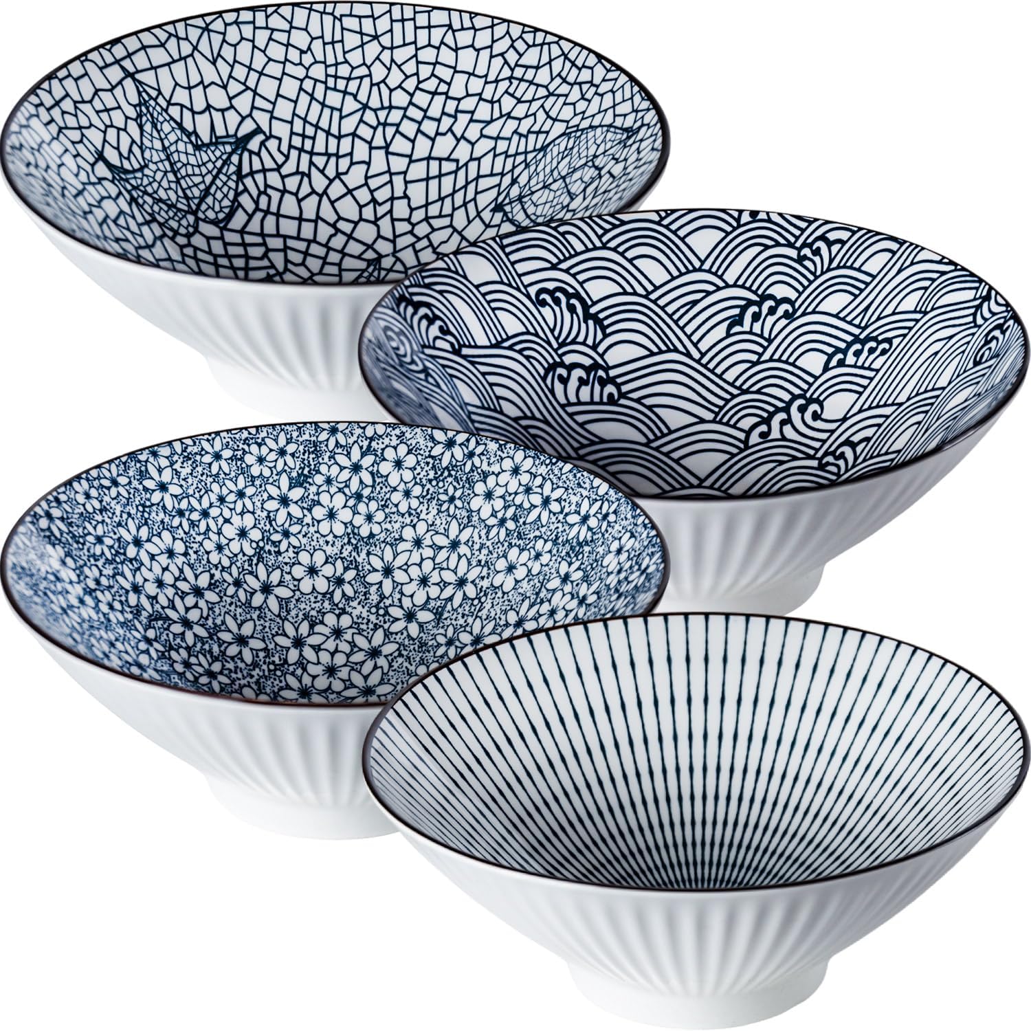 YateBowl Ceramic Ramen Bowls Set of 4, 38 oz, 8 Inch Blue and White Soup Bowls for Pho, Noodles & Salad, Microwave & Dishwasher Safe