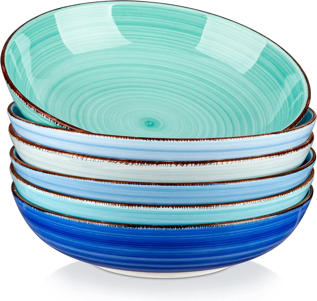YateBowl Ceramic Pasta Bowls Set of 6, 38 oz, 8.5 Inch Shallow Bowls for Pasta, Salad & Soup, Microwave & Dishwasher Safe