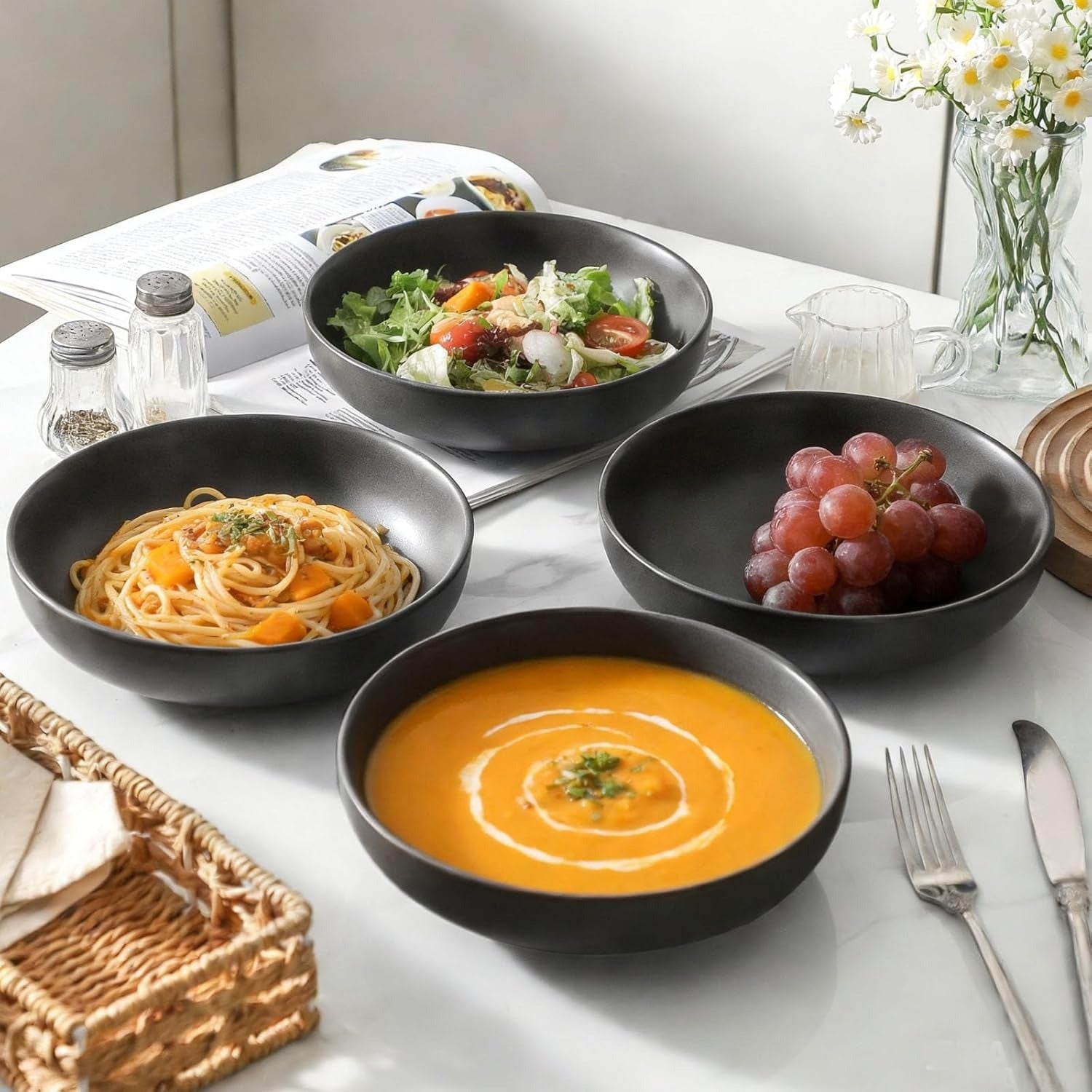YateBowl Ceramic Pasta Bowls Set of 4, 34 oz Wide Dinner Bowls, Matte White, Dishwasher & Microwave Safe