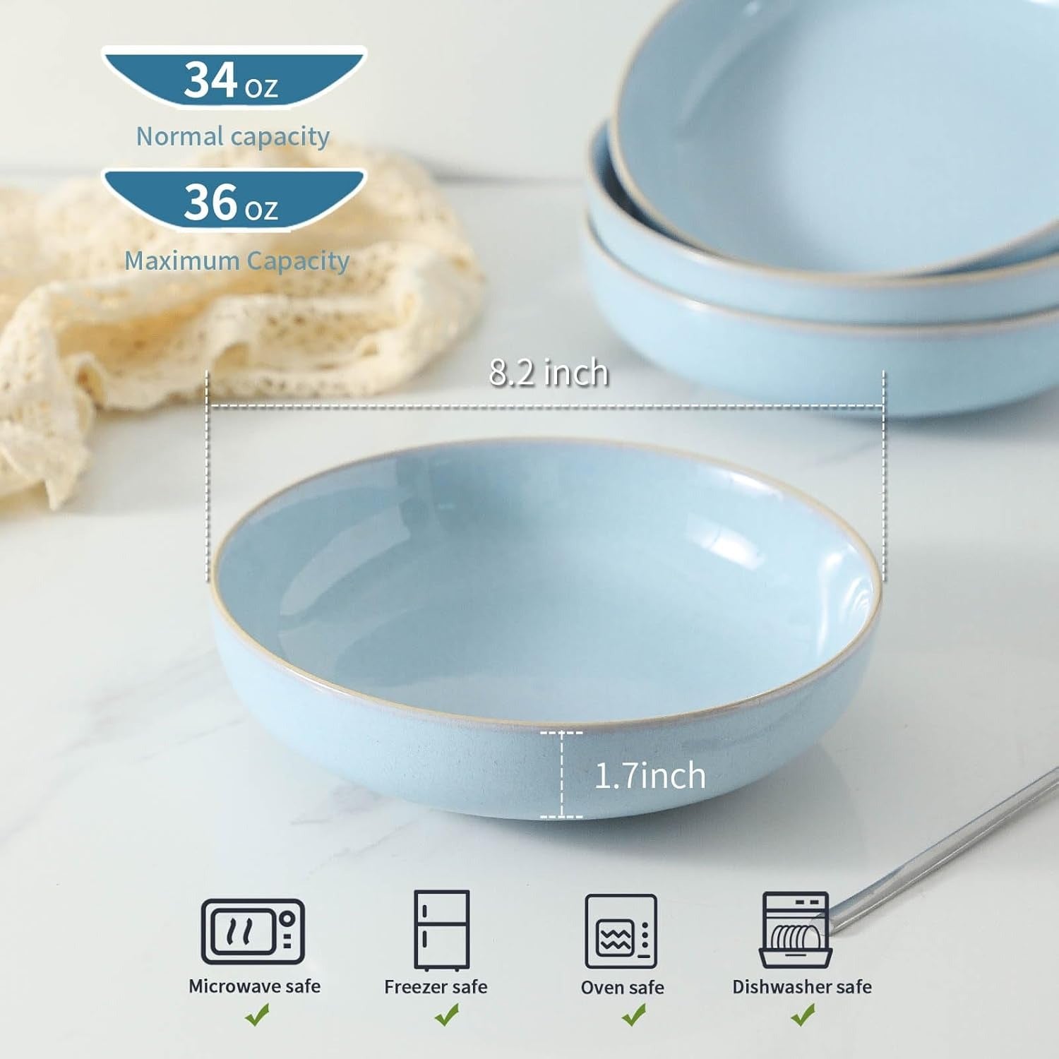 YateBowl Ceramic Pasta Bowls Set of 4, 34 oz Wide Dinner Bowls, Matte White, Dishwasher & Microwave Safe