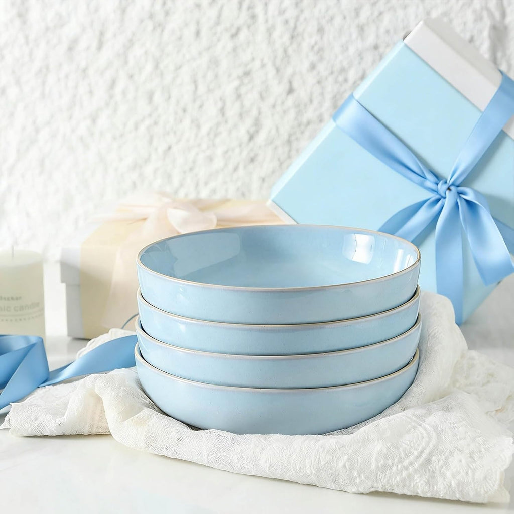 YateBowl Ceramic Pasta Bowls Set of 4, 34 oz Wide Dinner Bowls, Matte White, Dishwasher & Microwave Safe