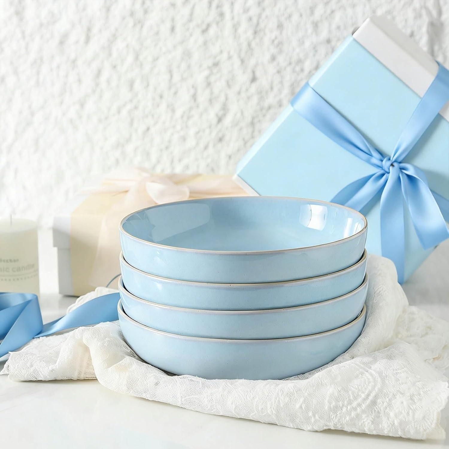 YateBowl Ceramic Pasta Bowls Set of 4, 34 oz Wide Dinner Bowls, Matte White, Dishwasher & Microwave Safe